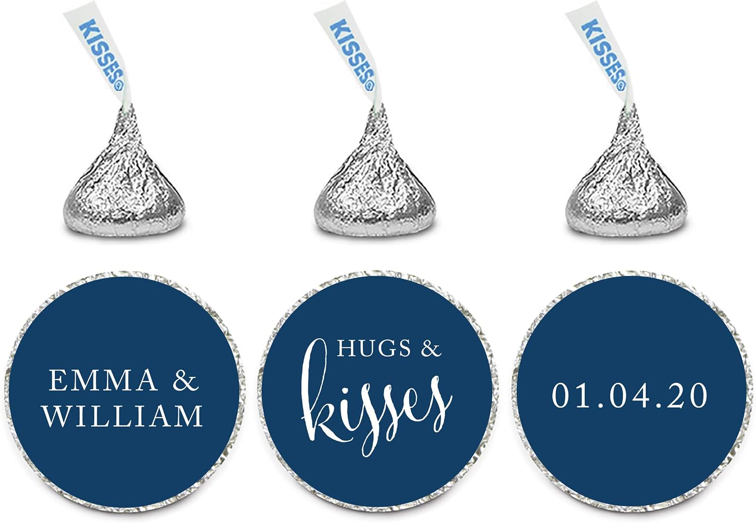 Andaz Press Personalized Wedding Chocolate Drop Label Stickers, Hugs and Kisses, Navy Blue, 216-Pack, for Engagement Bridal Shower Kisses Party Favors