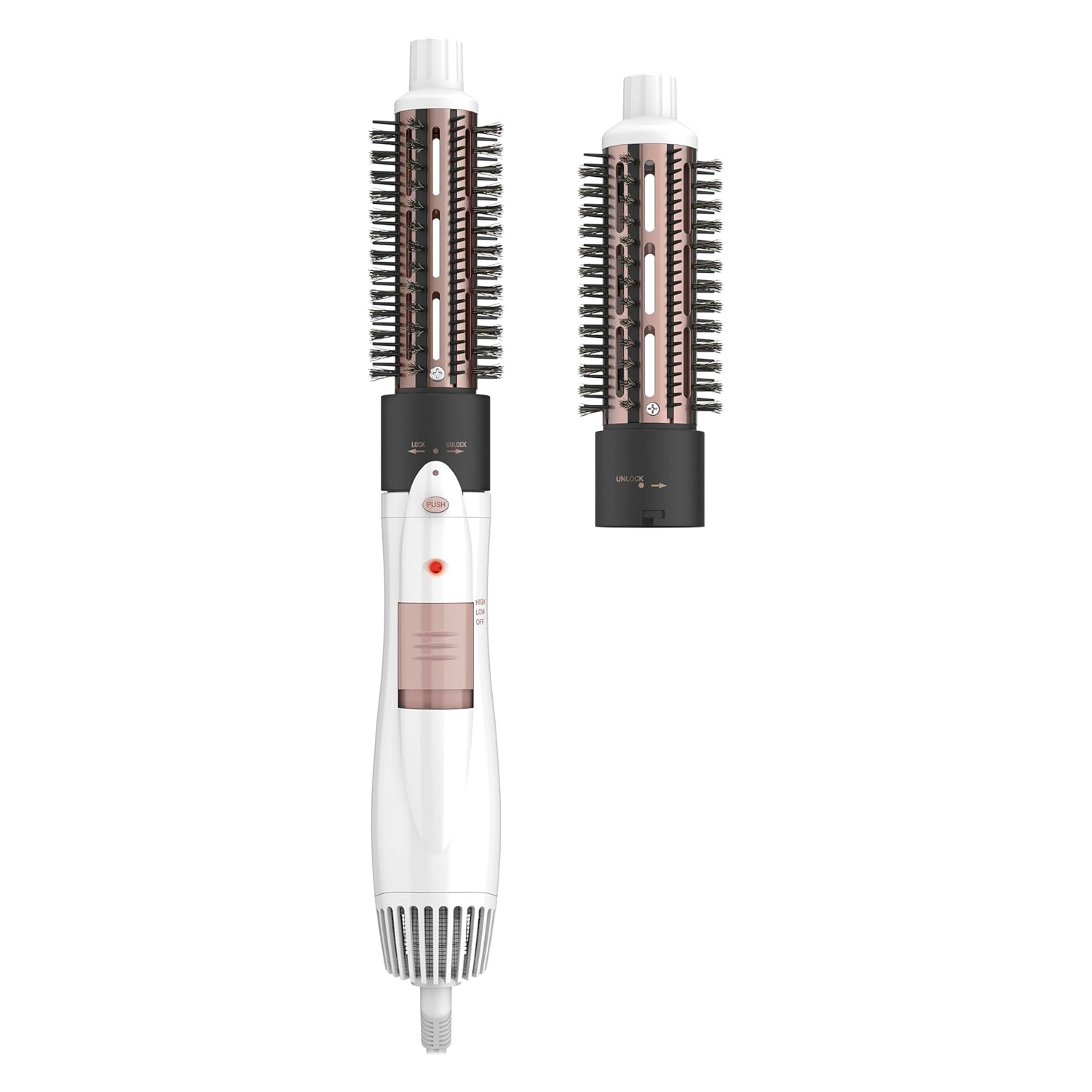 Conair Double Ceramic 2-in-1 Hot Air Brush, 1000W Hair Dryer Brush, Interchangeable 1¼ and 1½ Inch Attachments for Voluminous Curls & Straight Styles, for Fine & Thick Hair, White