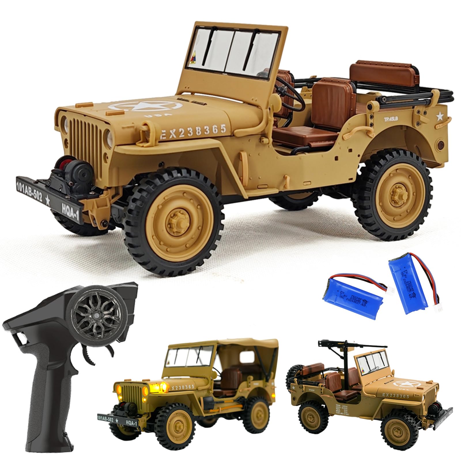 Ssccgym 8 Channels Hobby RC Military Truck Off Road Climbing Vehicle Car Winch 1/14 Scale Manual 2nd Gearbox Four-Wheel Drive Alloy Chassis & Transmission System for Boys Adults Yellow 2Batteries