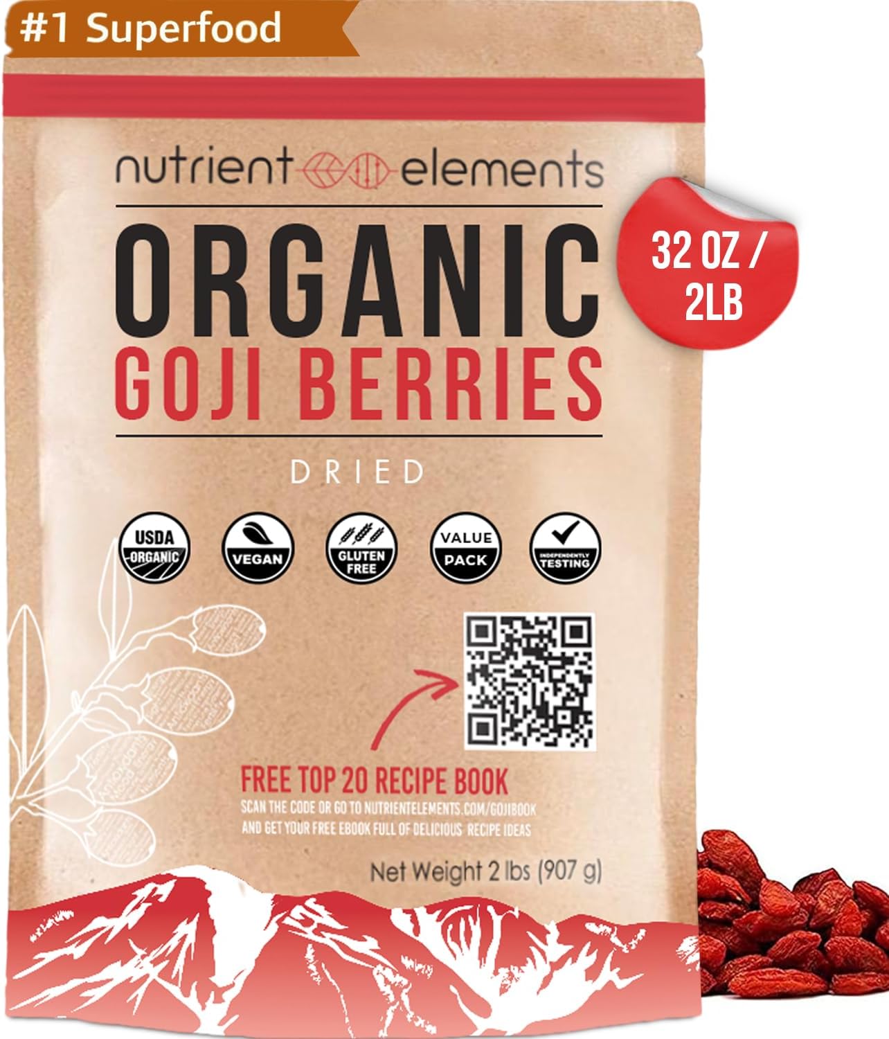 Nutrient Elements 2lbs Organic Raw Dried Goji Berries - USDA Certified, Non GMO, Large Berries with Recipes E-Book -