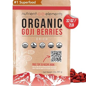 Organic Goji Berries - 2 lbs/32oz/907g - Premium Dried, Extra Large Berries - Raw, Non GMO - USDA Certified - Natural Superfood - with Resealable Bag by Nutrient Elements - Free Recipes E-Book