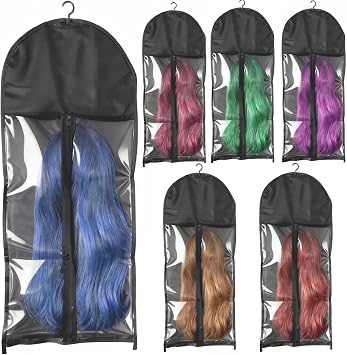 6 Pack Hair Extension Holder Wig Storage Bags with Hanger for Multiple Wigs Storage, Dust-Proof Wig Storage Clear Bag for Travel/Home Black