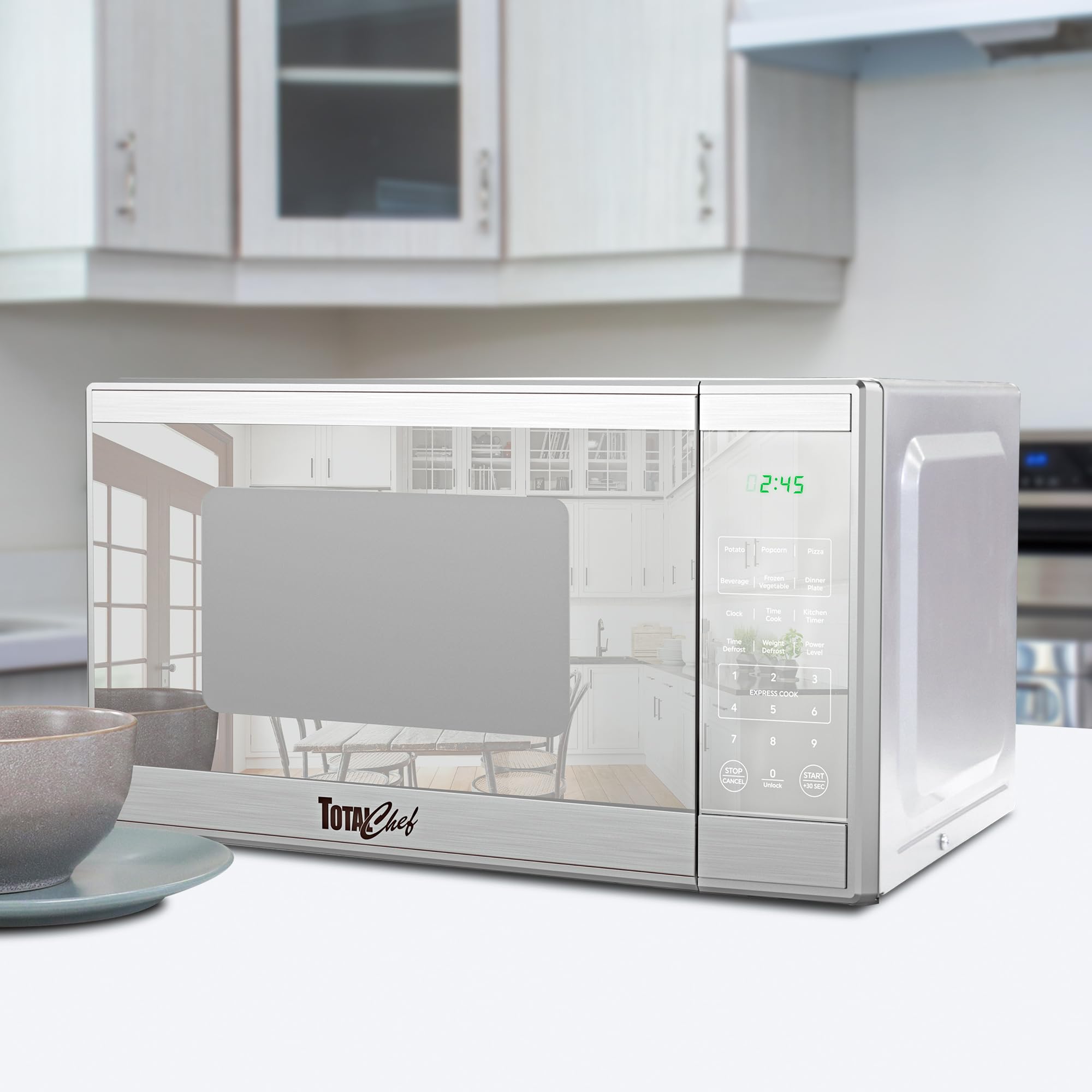 Total Chef - Horno de microondas compacto para encimera, 1100 W, capacidad de 1.3 pies cúbicos, controles de visualización táctil digitales, apertura de botón pulsador de un solo toque, 6 modos de