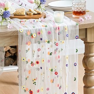 Artoid Mode Embroidery Daisy Gauze Table Runner 120 Inch 10FT