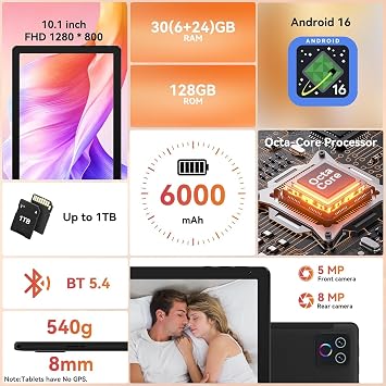 URAO Tablet,10.1 Android Tablet with Octa-core Processor 30GB RAM 128GB ROM HD IPS Touchscreen 8H Battery, Wi-Fi 6, BT 5.4, Dual Camera, Android 16 Tablets 2026