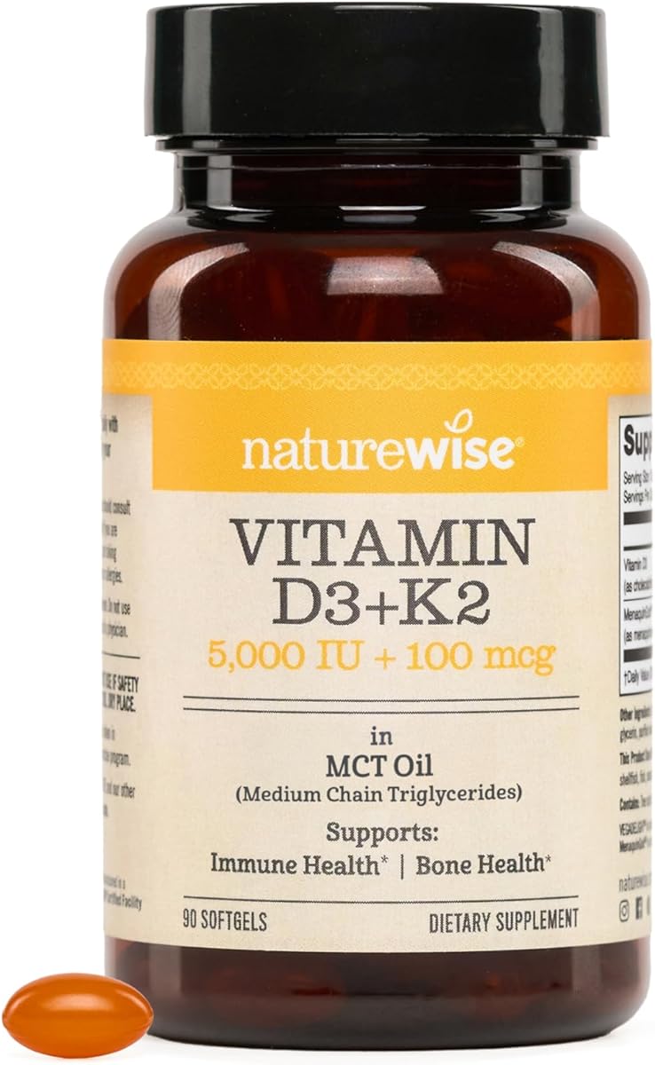 NatureWise Vegan Vitamin D3 + K2 with Organic Coconut MCT Oil - Organic D3 5000IU + Natural K2 100mcg - High Absorption Bone Support - Soy & Gluten Free - USA Manufactured - 90 Softgels[90-Day Supply]