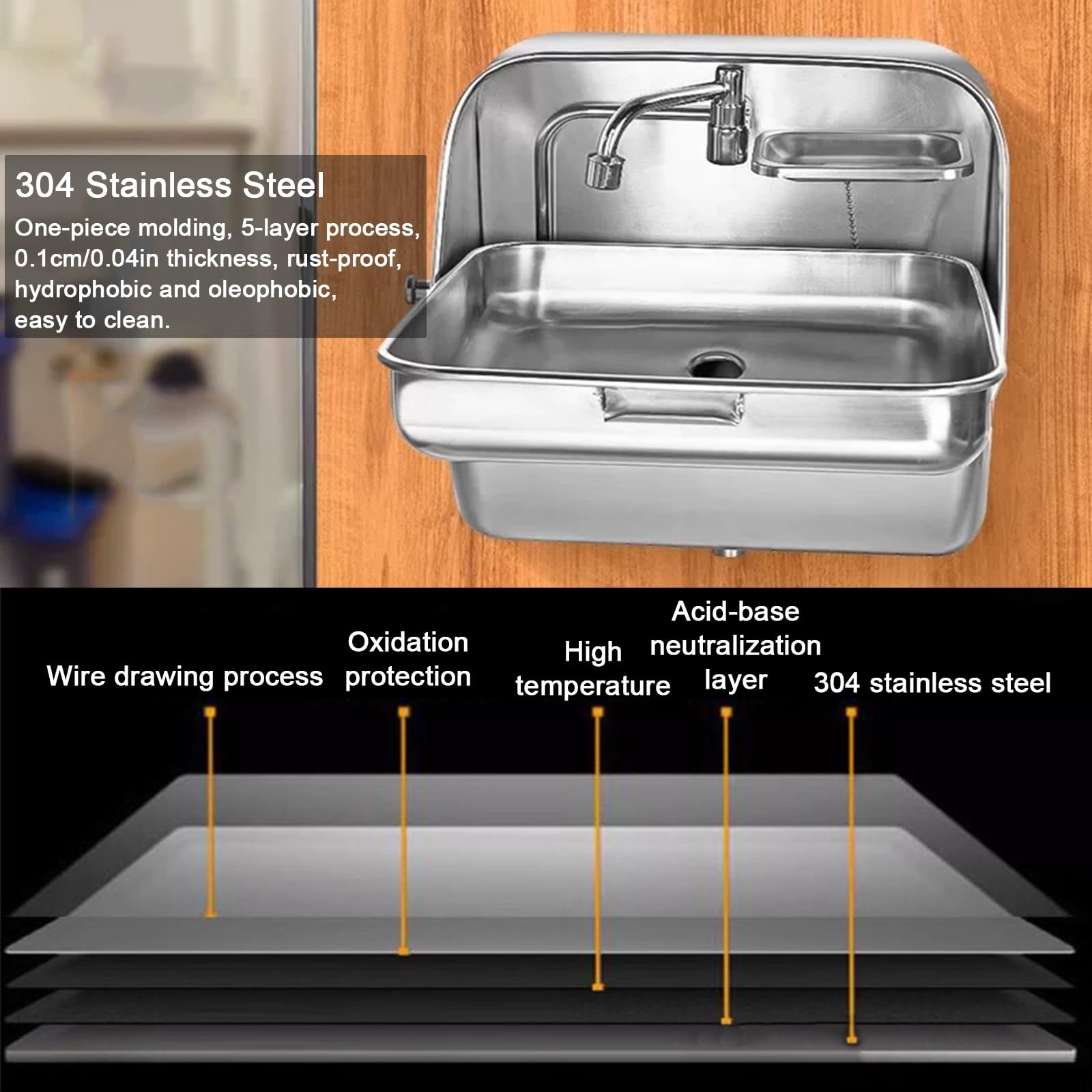 Fregadero Camper, Fregadero de Cocina, Jabonera, Grifo de Agua Fría, Acero Inoxidable 304, Montaje en Pared, Lavamanos(Black)