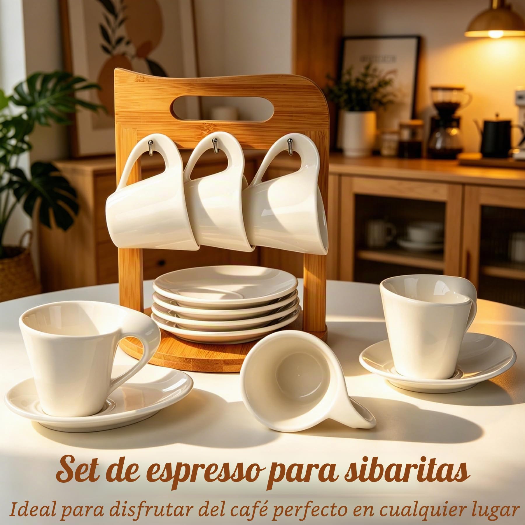 Juego de 6 tazas de café con platillos sobre soporte, tazas de espresso de porcelana, 80 ml, servicio de café para 6 personas