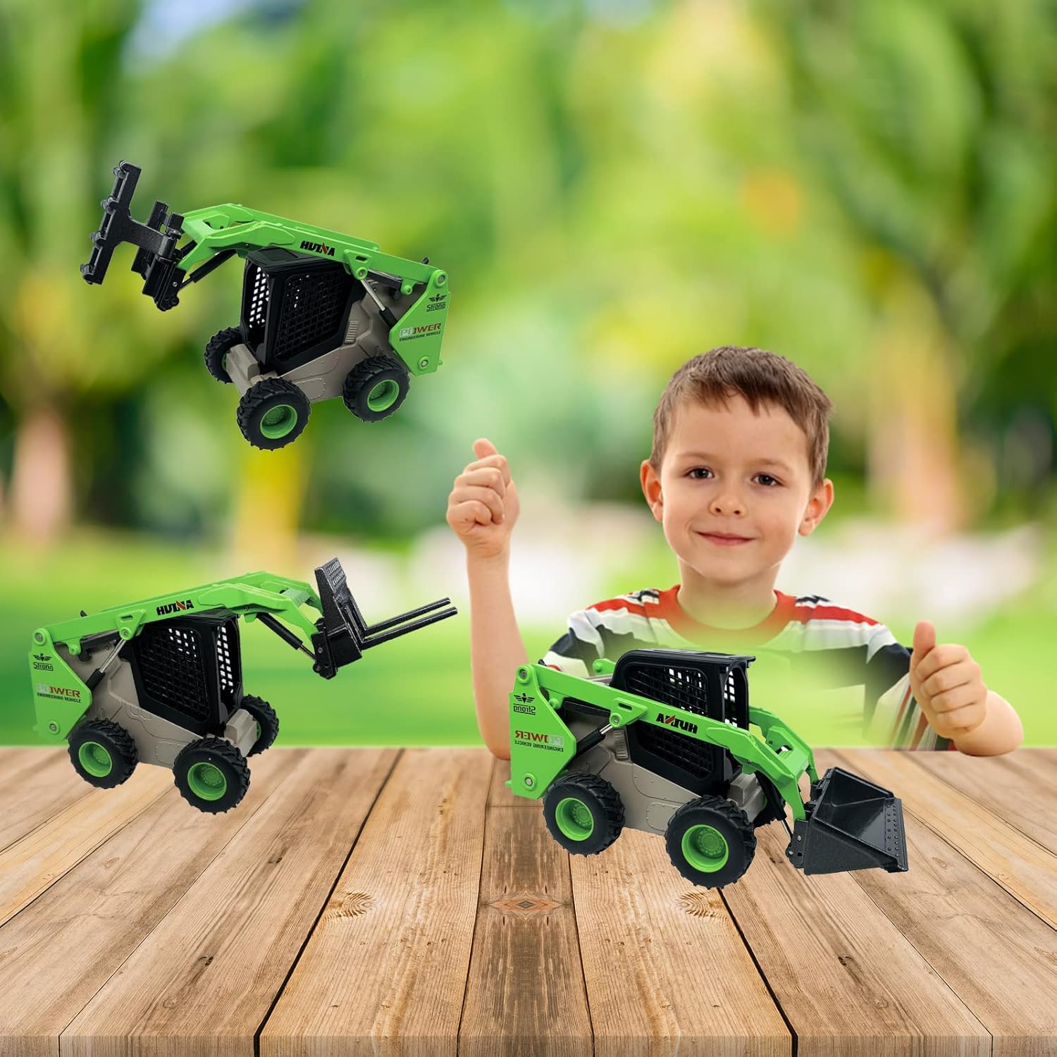 Gemini&Genius Skid Steer Loader Construction Truck 3 in 1 with Metal Forklift and Grab Shovel Construction Vehicle 1/50 Scale Alloy Wheeled Loader Toys for Kids(Wheeled/Green)