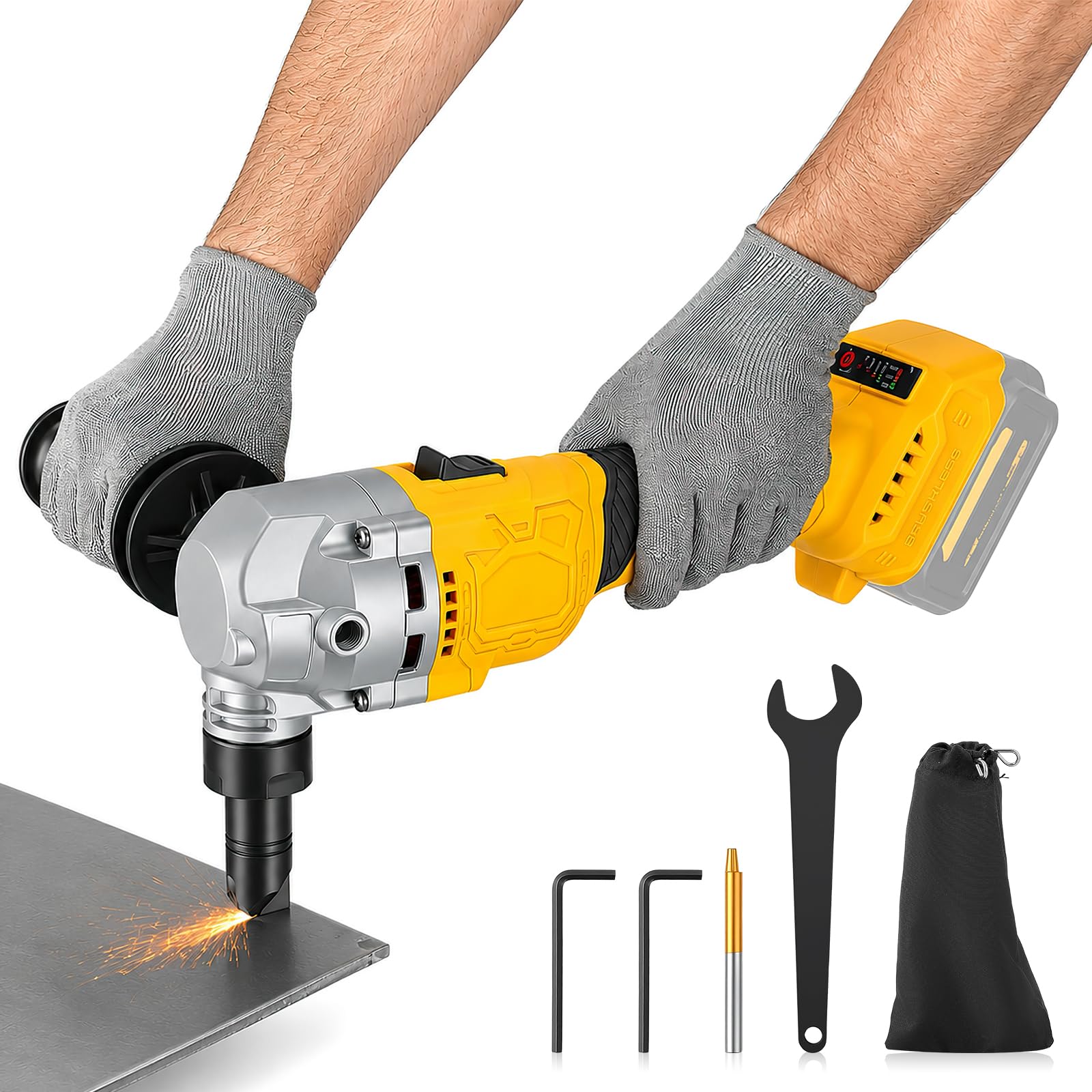 Cordless Metal Nibbler Compatible with Dewalt 20V, Brushless 3 Speed Adjustable Electric Sheet Metal Cutter 360° Rotatable Cutting Head, Multi Shear for Cutting Stainless Steel, Aluminum (No Battery)