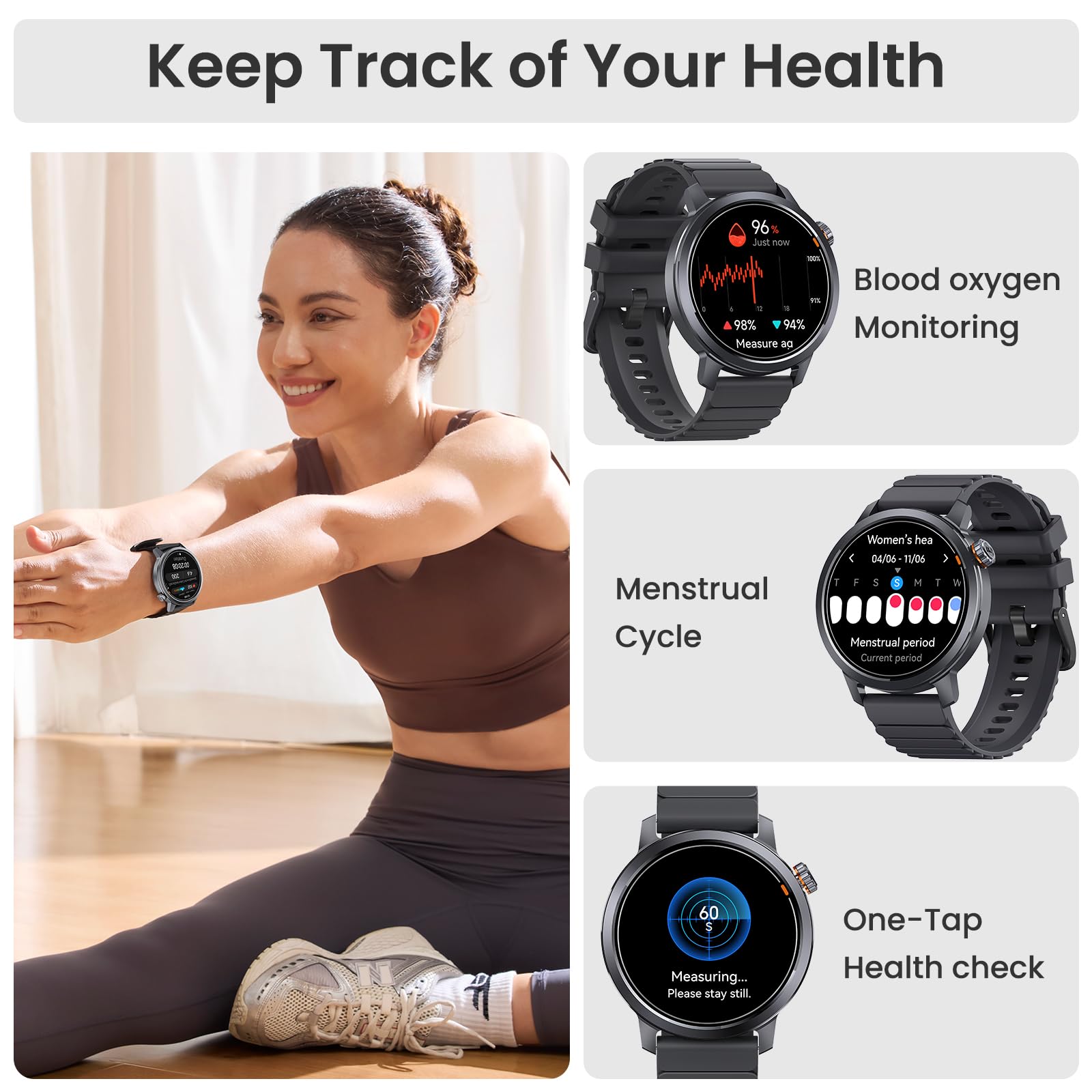 KOSPET Smartwatch z wyświetlaczem AMOLED o przekątnej 1,43" i połączeniami Bluetooth, czas pracy przez 18 dni, monitorem tętna, SpO2 i snu, 170+ trybów fitness, IP68, wodoodporny, kompatybilny z