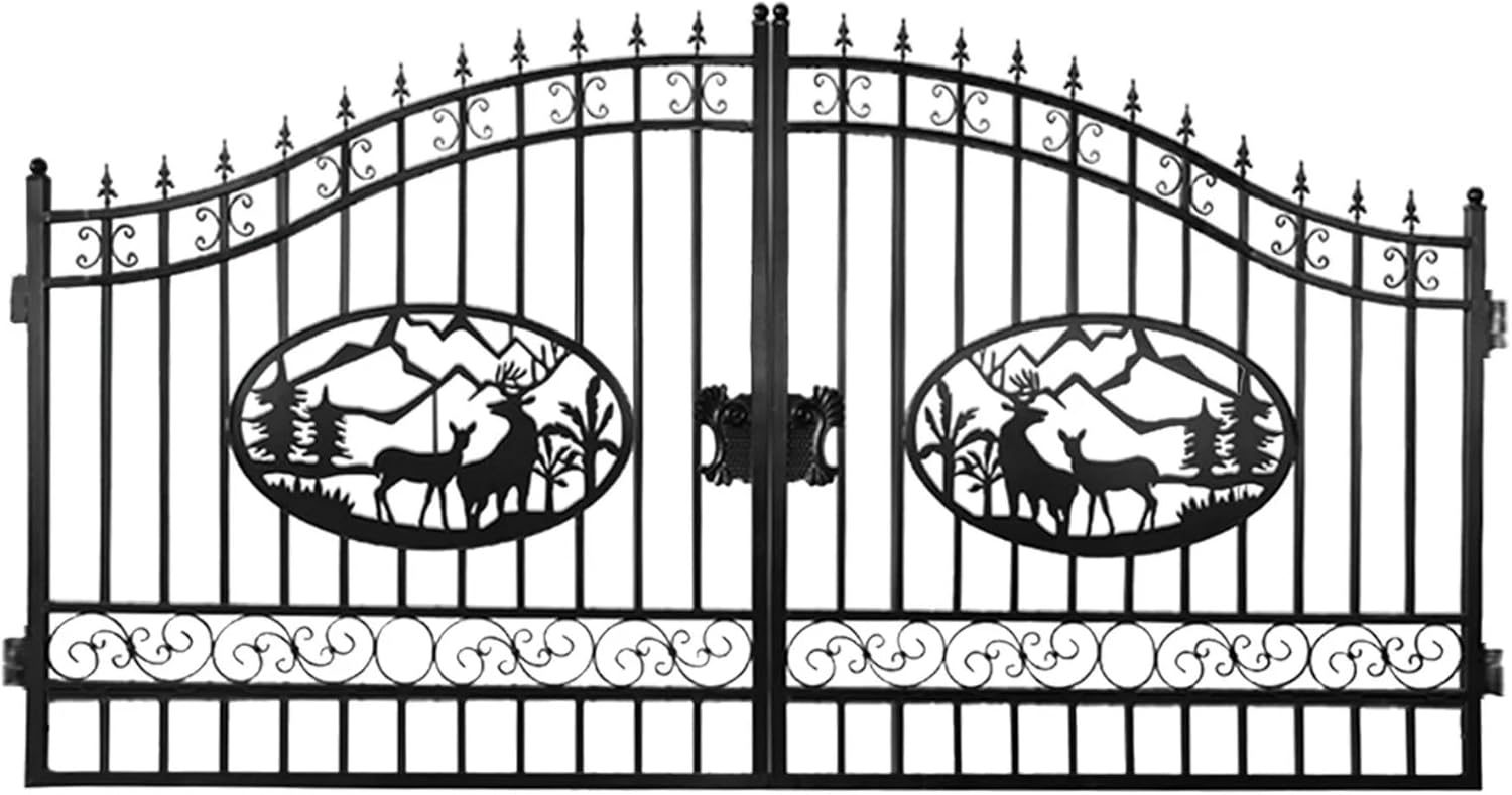 CHERY INDUSTRIAL.COM Outdoor Dual Swing Gate Driveway Security Gates Anti-Rust Outdoor Iron Gate Weatherproof Gate for Outdoor for Yard Patio Manor (14‘ Deer)