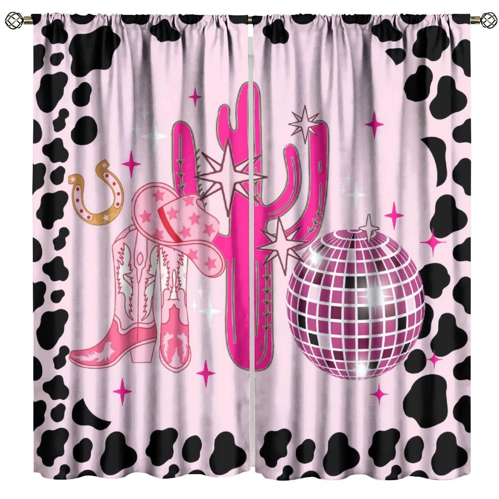 BenYaSong Western Cowgirl Decor Window Curtain,Kids Pink and Black Farmhouse for Home Kitchen Restaurant Decoration Window Curtain 2Panel 42" W X 45"