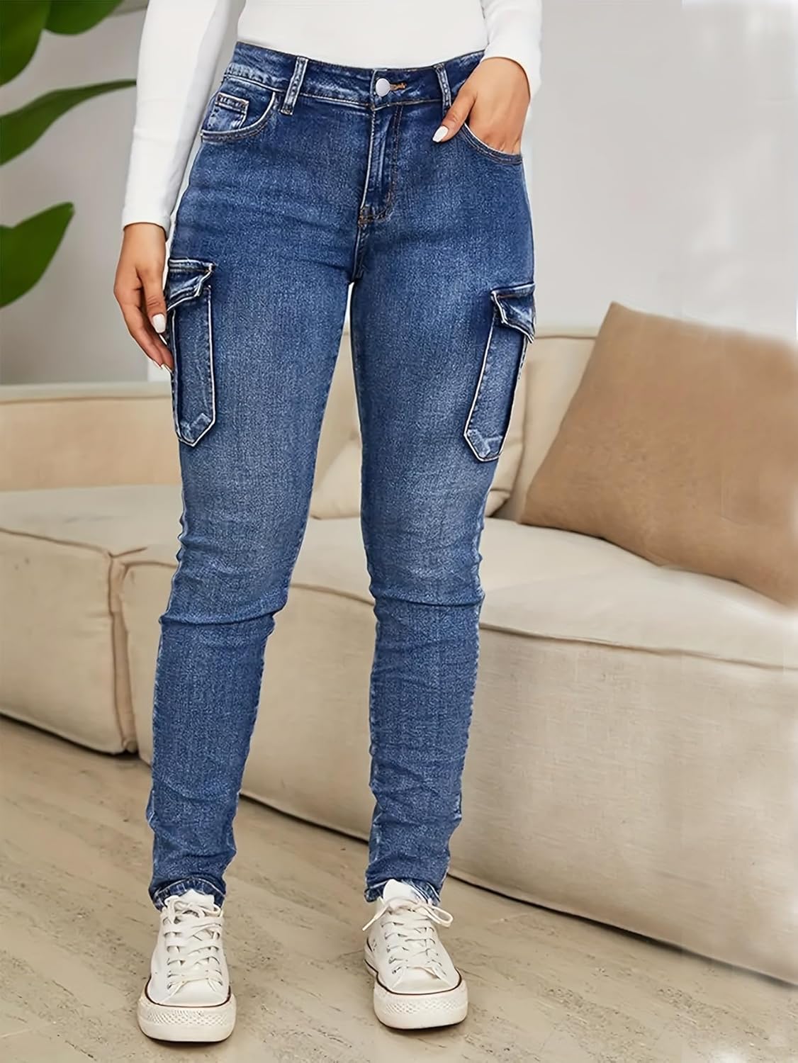 Cargo Skinny Jeans for Women Trendy Stretchy High Waisted Flap Pocket Denim Pants - Image 4