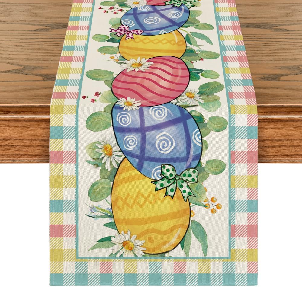 Artoid Mode Buffalo Plaid Daisy Egg Easter Table Runner, Seasonal Kitchen Dining Table Decoration for Indoor Home Party 13x120 Inch