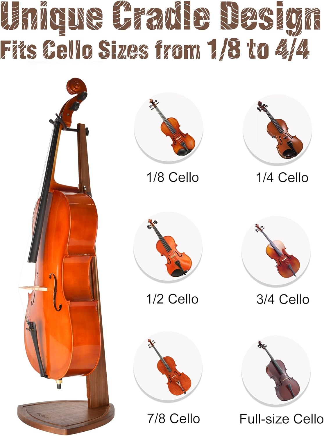 Cello Stand with Bow Holder, Handcrafted Walnut Wood Floor Stand for 4/4 Full-Size and 1/2, 1/4, 3/4, 1/8, 7/8, Cello Holder Rack for Home and Studio Display