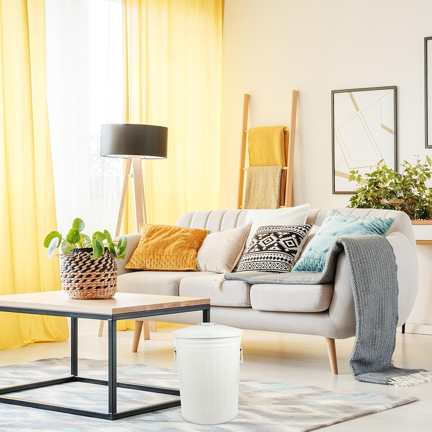 Veemoon Trash Can with Lid 8l Metal Garbage Bin Beige for Bedroom Outdoor Kitchen Office Waste Basket