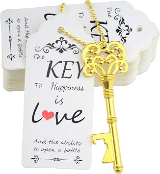 52pcs Skeleton Key Bottle Opener Wedding Favors, Wedding Gifts for Guests, Bridal Shower Party Favors with Escort Thank You Tags Card Keychain Gold