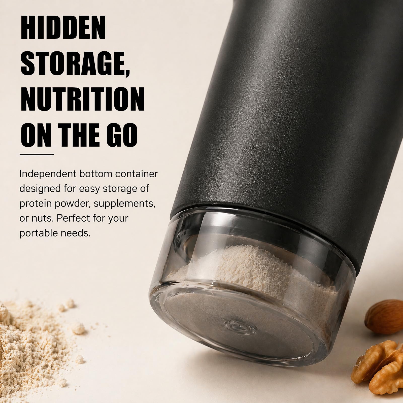 591ML Protein Shaker Botella con compartimento para polvo SUS304 de acero inoxidable con recipiente de almacenamiento y asa