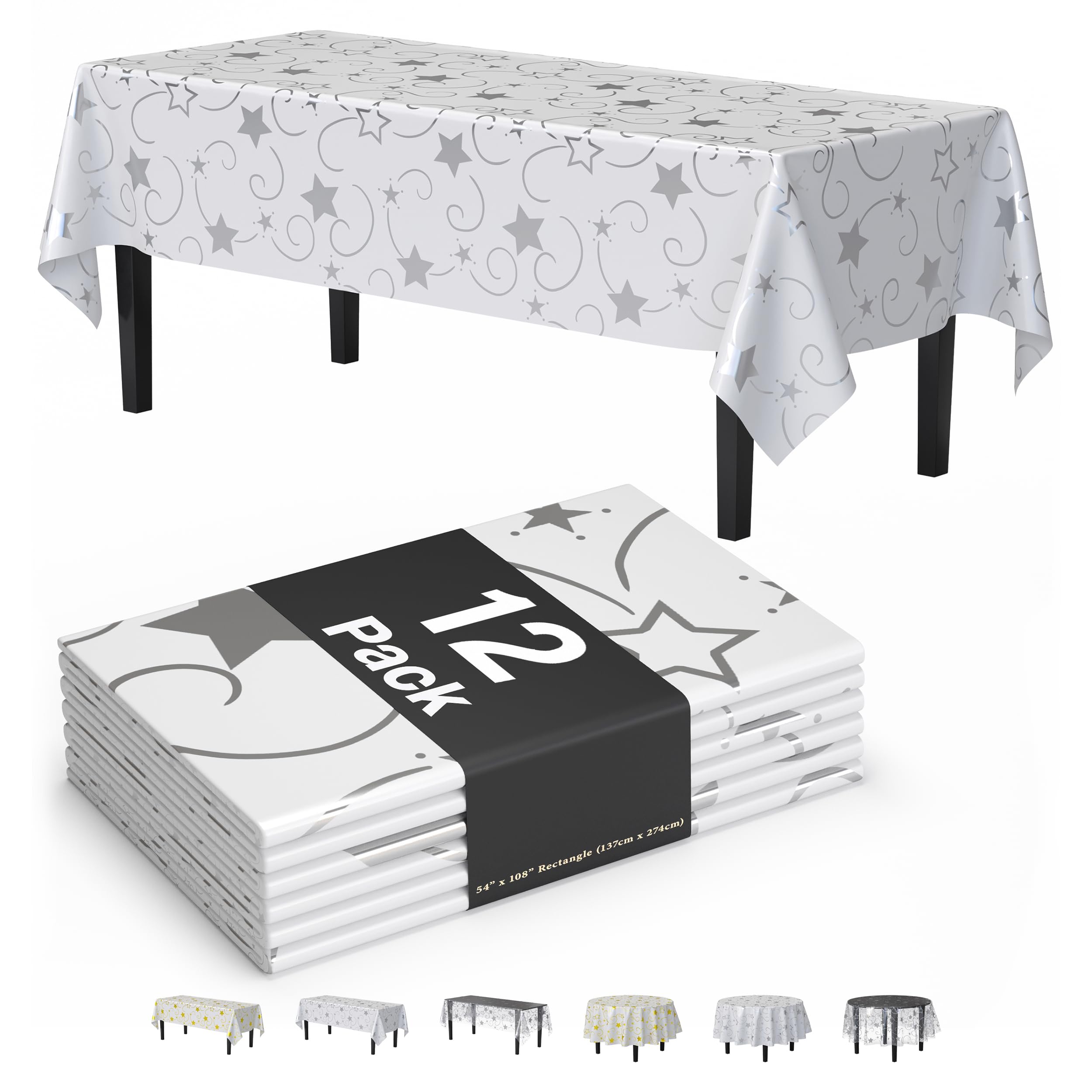 Exquisite Silver Star Tablecloth Rectangle 54"x108" - 12 Pack