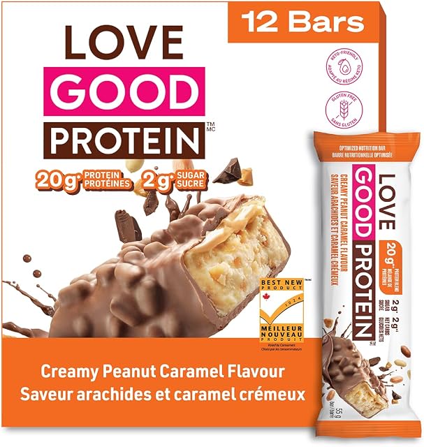 Love Good Fats High Protein Bars, Peanut Caramel - Whey Protein and Collagen - 20g Protein includes 6-7g Collagen, 2g Net Carbs, 1g Sugar - Chocolate Coating - Low Carb, Low Sugar, Keto, 12 Pack