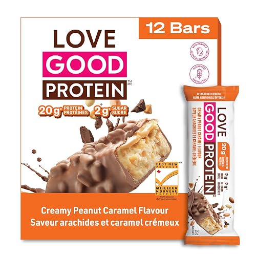 Love Good Fats High Protein Bars, Peanut Caramel - Whey Protein and Collagen - 20g Protein includes 6-7g Collagen, 2g Net Carbs, 1g Sugar - Chocolate Coating - Low Carb, Low Sugar, Keto, 12 Pack - Peanut Caramel