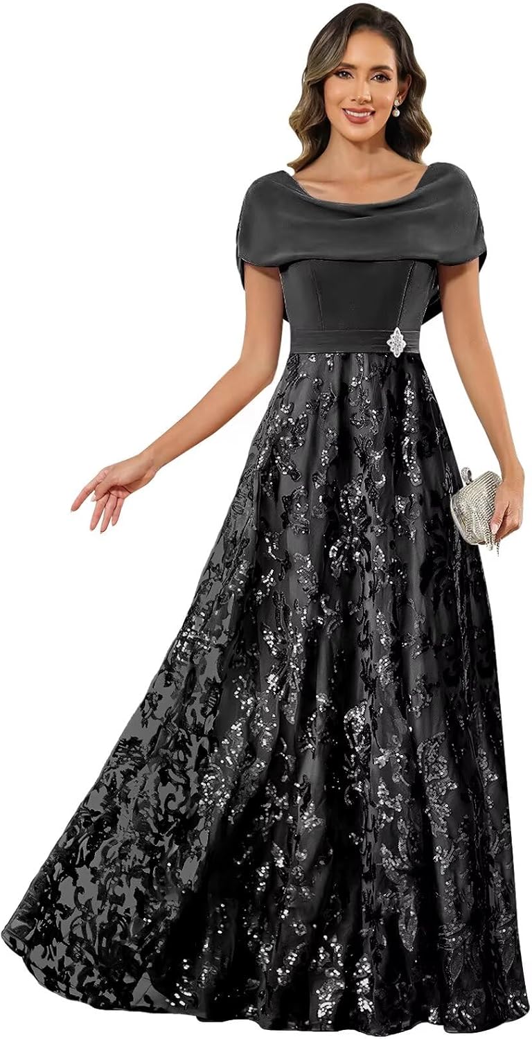 VCCICANY Cape Sleeves Mother of The Bride Dresses for Women Chiffon Sequin Lace Beaded Long Evening Formal Gowns