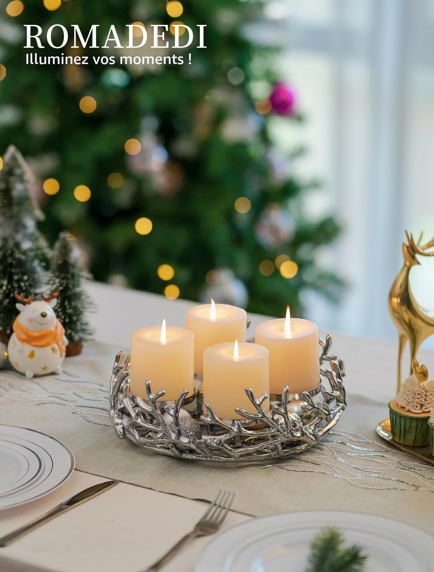 Romadedi Couronne de l'Avent Vintage en forme de bois de cerf Argent: Arrangement de couronne de l'Avent rond petit en aluminium Ø 28 cm pour 4 bougies de 8 cm de diamètre - Support de couronne de