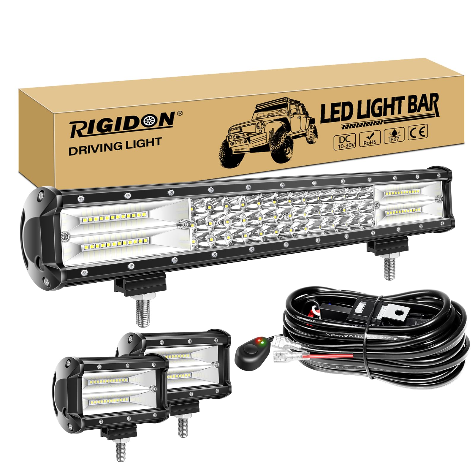 RIGIDON 18" 252W listwa świetlna LED do jazdy, z zestawem kabli wiązki przewodów 12 V i 2 szt. 5" 135 W światło robocze LED, trzyrzędowa lampa przeciwmgielna 7D do samochodów terenowych SUV UTE ATV 4 x 4, wodoodporna, 6000 K