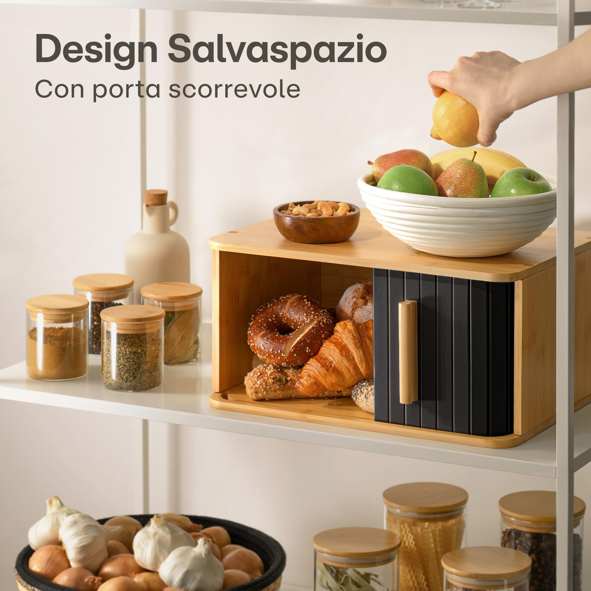 Praknu Portapane Moderno in Legno FSC® Grande con Porta Scorrevole - Cassetta Portapane da Cucina 40 x 28 cm - Salva spazio - per Mantenere Il Pane Croccante - Nero