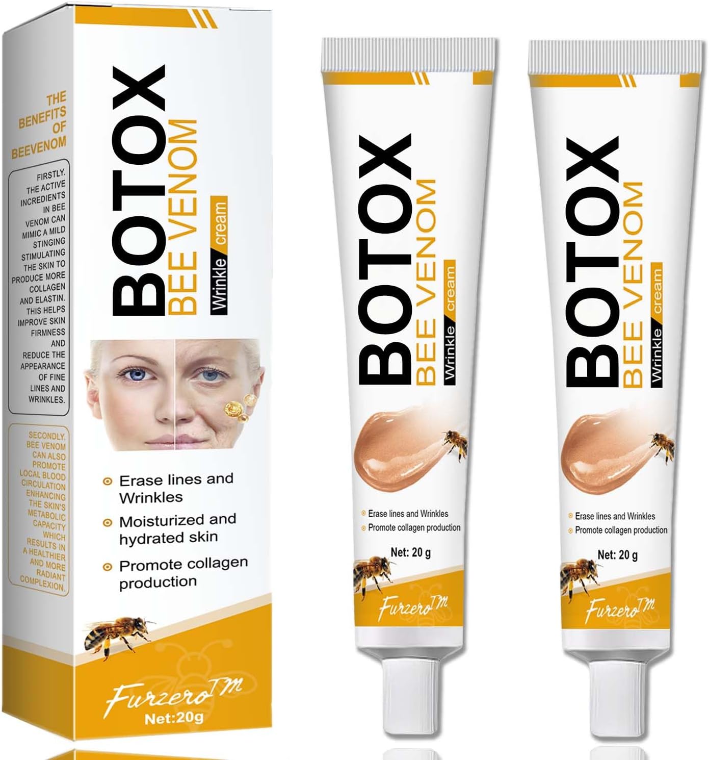 2PCS Bee Venom Wrinkle Removal Cream, Bee Venom Anti - Wrinkle Cream, Anti - Wrinkle Moisturiser for Face and Neck, Anti - Aging Bee Venom Cream for All Skin Type