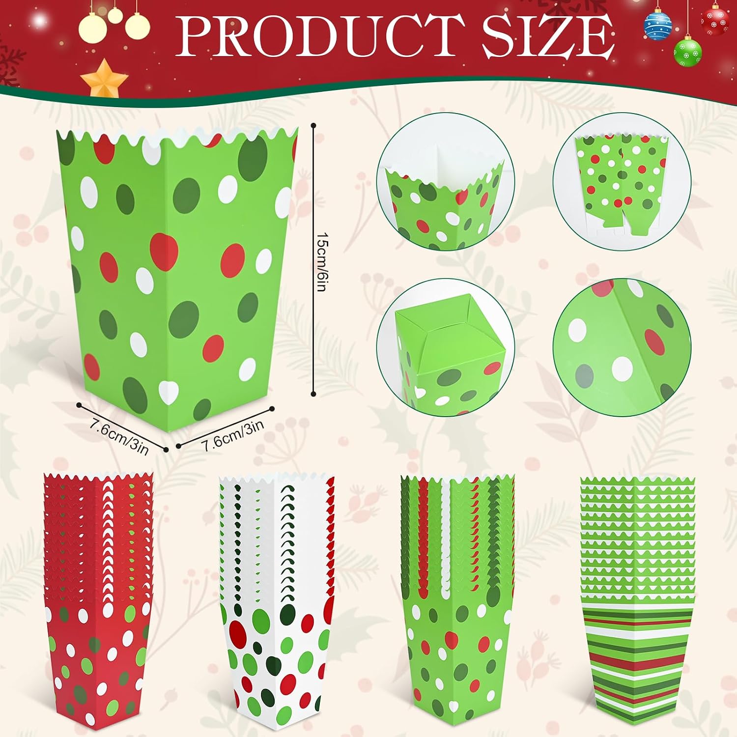 60 Pcs Christmas Popcorn Boxes Christmas Candy Boxes Red and Green Polka Dots Popcorn Bowls Treat Cookie Buckets Containers for Xmas Paper Favors Decor Holiday Gifts Party Supplies image 2