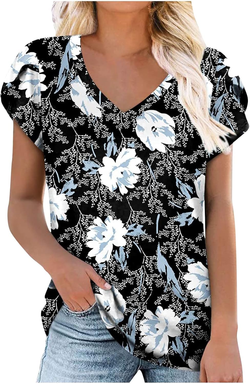 Womens Petal Flowy Short Sleeve Tops Floral Loose Fit Long Blouses for