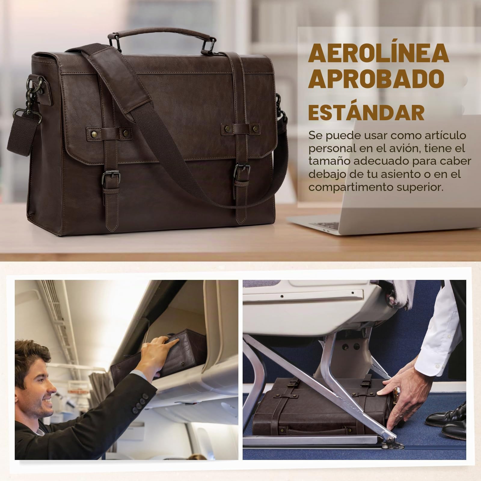 RAINSMORE Bolso Hombre Bandolera Maletin Portatil 17,3 Pulgadas Maletín Ordenado Cuero PU Bolsa de Mensajero Impermeable Maletín de Trabajo Ejecutivo Negocios Café