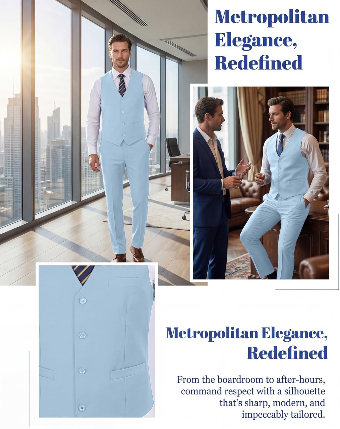 Men's 2 Piece Suit Slim Fit V-Neck Vest Adjustable Pants Elegant Tuxedo Set for Work Wedding Party