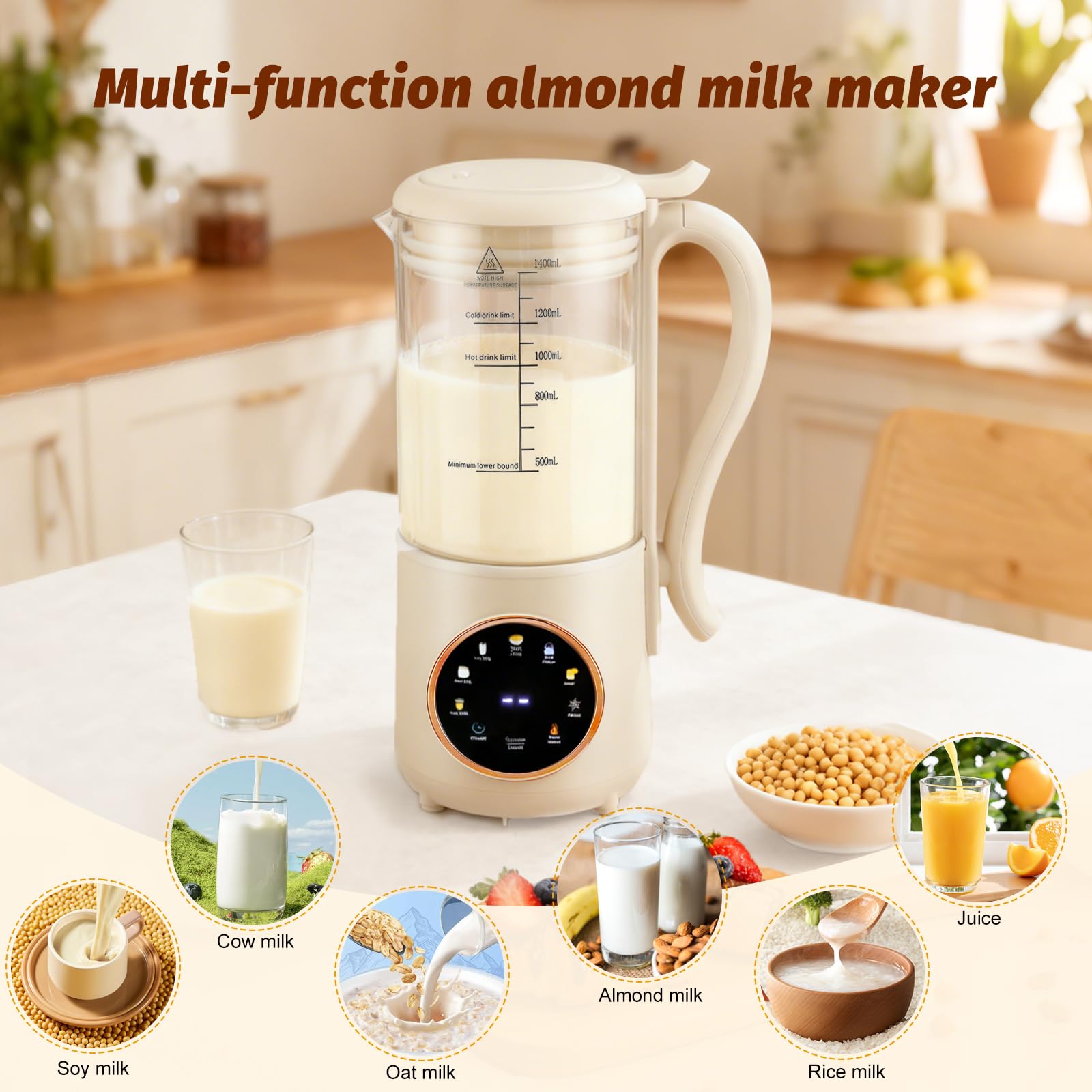 Macchina per latte di soia, 1400 ml, con 16 lame, indicatore LED, prenotazione 12 ore, autopulente, 6 funzioni, per latte vegetale fatto in casa, avena, latte di mandorle