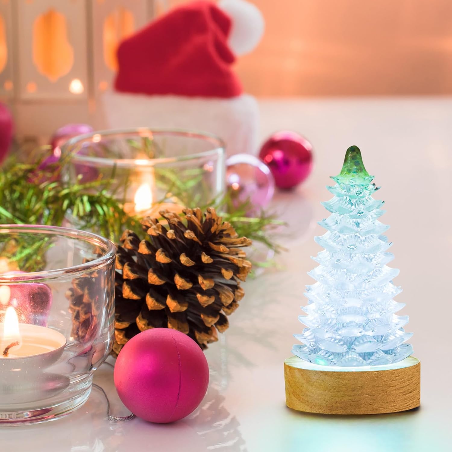 Honoson 3 Pieces Light Resin Silicone Mold Set, Includes 1 Resin Mold and 2 USB Powered Wooden Lighted Base Stands for DIY Table Candle Desktop Lamp Ornaments(2.6 x 4.3 Inches,Cedar)