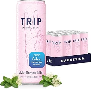 TRIP Lightly Sparkling Adaptogen Drink, Non Alcoholic Drink with Magnesium, Ashwagandha, Lions Mane & L Theanine, No Added Sugar Mocktail, Vegan, Elderflower Mint, 12 Oz, 12Pk