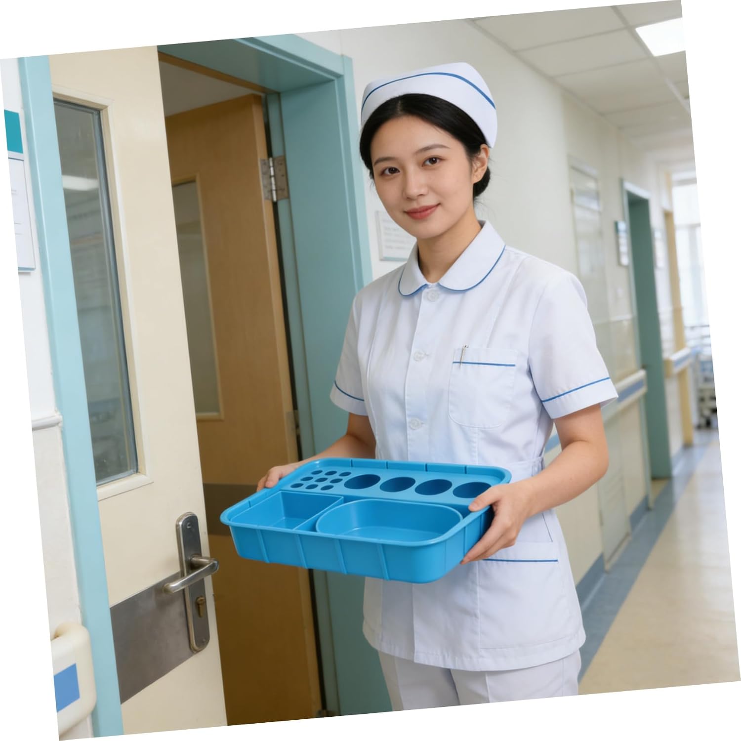 Plastic for Safe Transportation and Prevents Mispicks Tray Dispenser Pill with Integrated Segmented Compartments for Bedside Medication Serving and Hospital Rounds