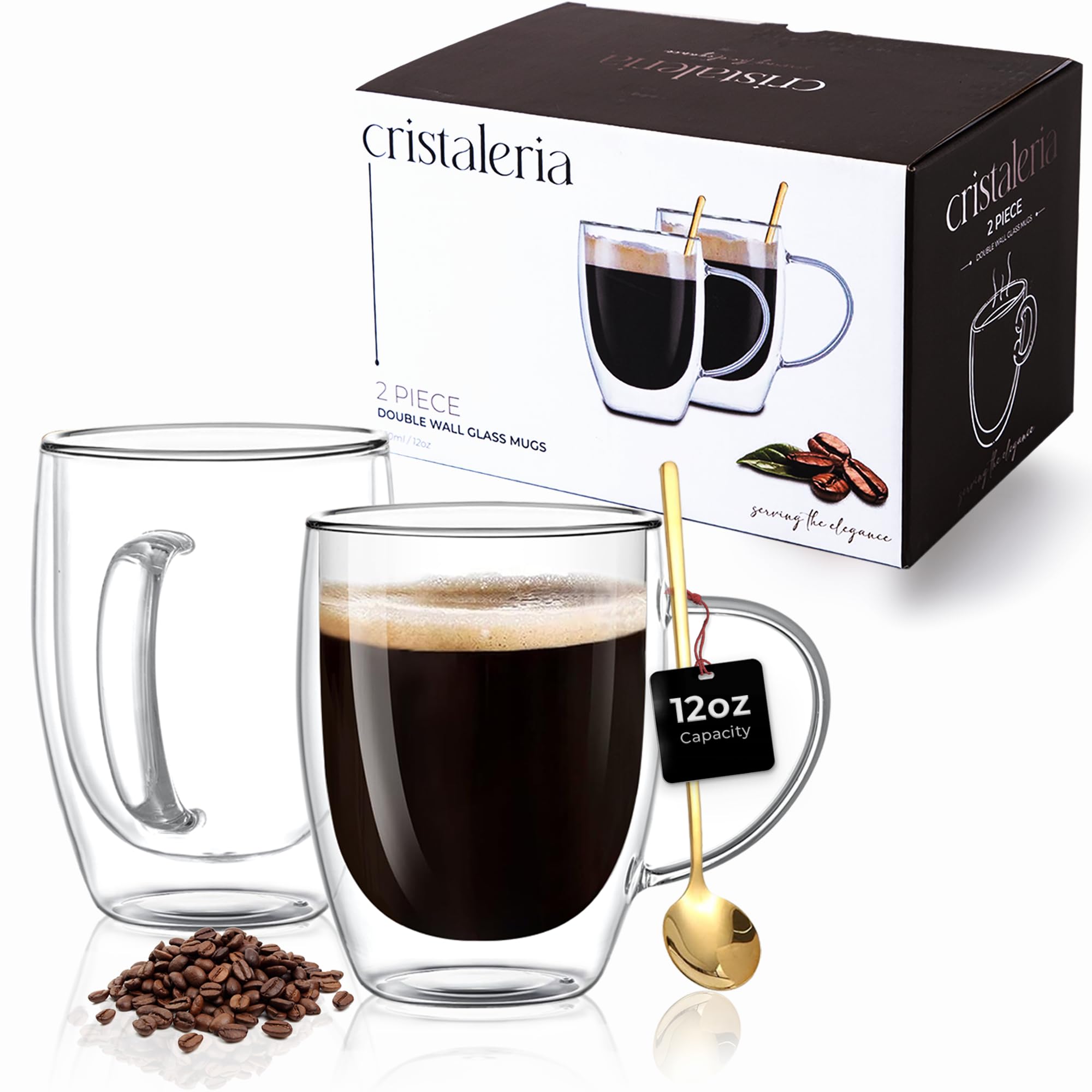 Double Walled Glass Coffee Mugs 12 Oz, Clear Coffee Mug Set of 2 with Handles, Insulated Glass Coffee Mug, Premium Design Double Wall Glass Coffee Mugs - Cristaleria