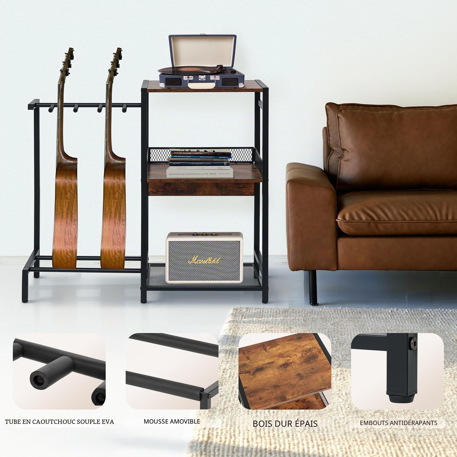 Support de guitare, support multi-guitares jusqu'à 3, lecteur de disque vinyle 3 niveaux, acoustique, basse, ukulélé, ampli, platine