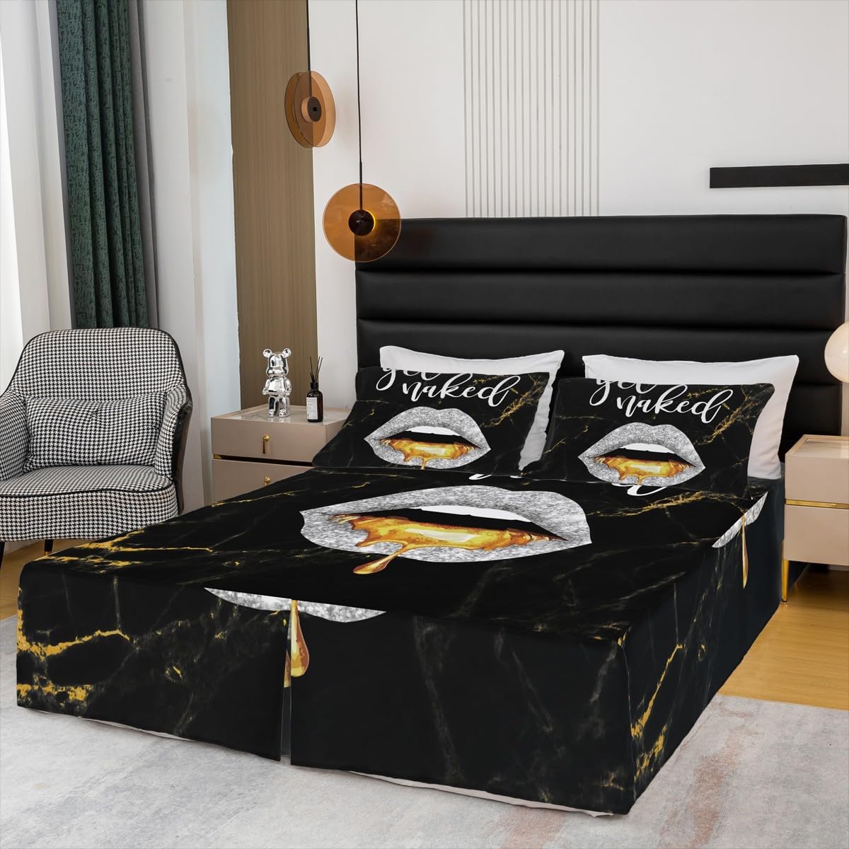 Queen Size Luxury Black Gold Marble Wrap Around Bedskirt Boys Girls Sexy Lips Bed Skirt For Kids Women Men Get Naked Soft Bedding Bed Skirts Funny Quotes Dust Ruffle Pleated Fitted Sheet Bedroom Decor