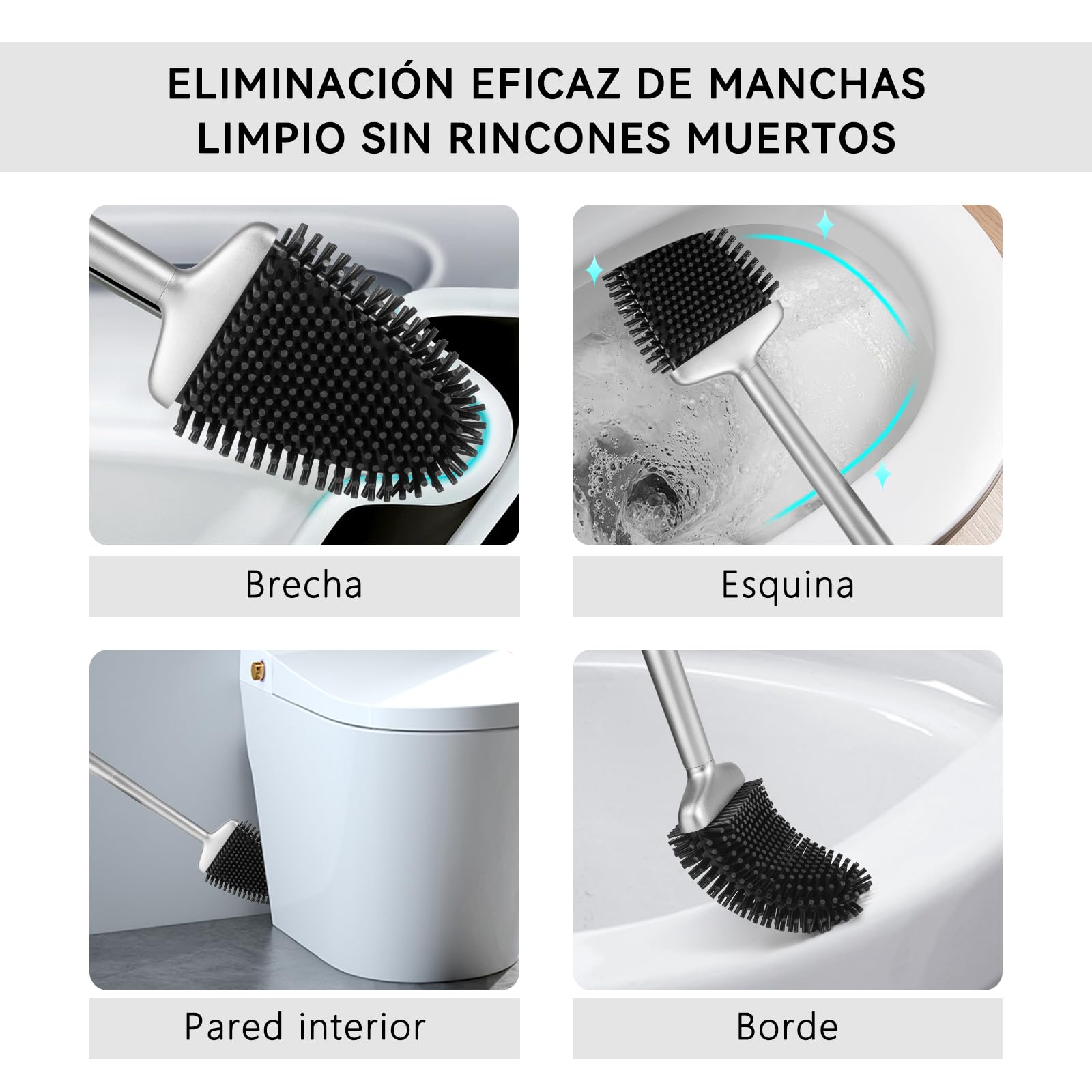 Fowooyeen Escobillas de Baño, Escobilla WC Silicona, Cepillo Toilet Plana de Mango Largo, Cepillo de Limpieza WC Curvo de Pie/Montado en la Pared - Plata Mate