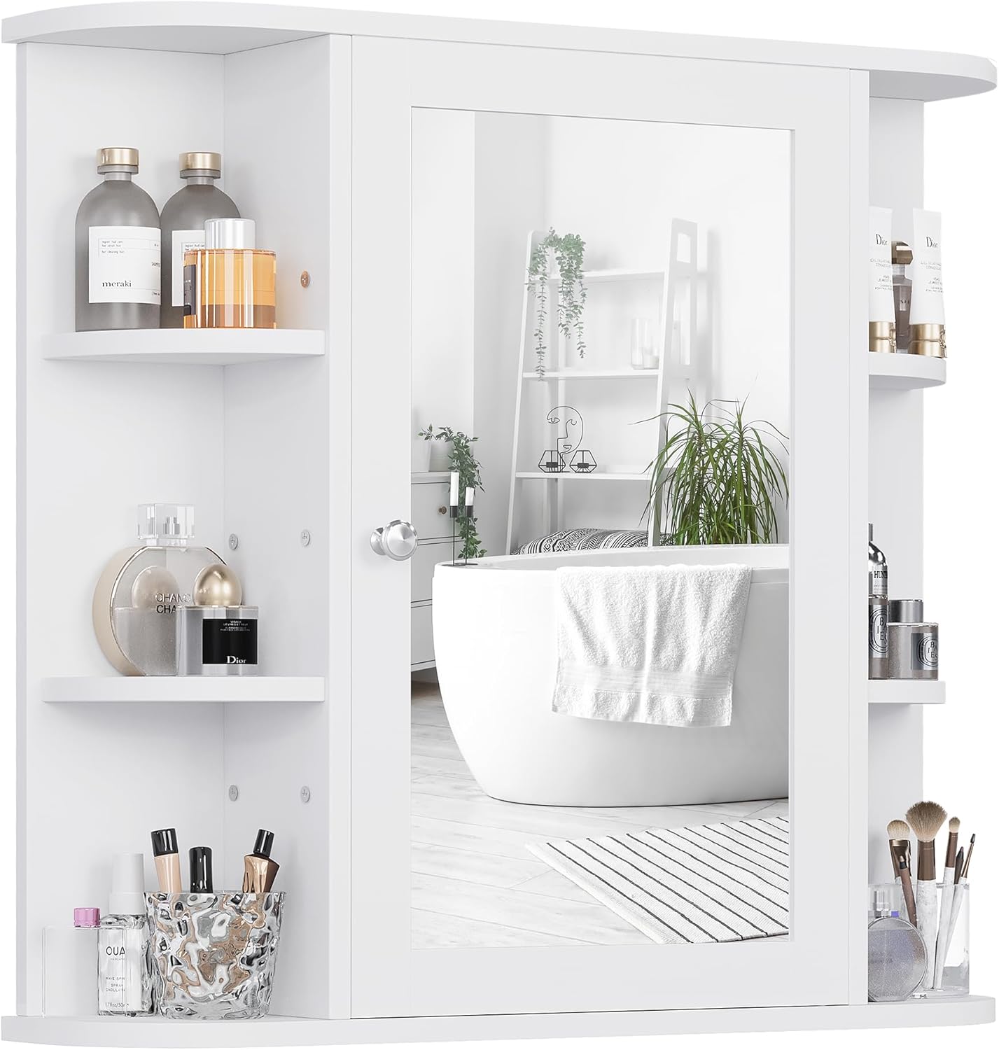 Shintenchi Bathroom Wall Cabinet with Mirror, Mounted Medicine Cabinets with 4 Internal and 6 Open Shelves, Mirrored Door Over The Toilet Storage, Solid White