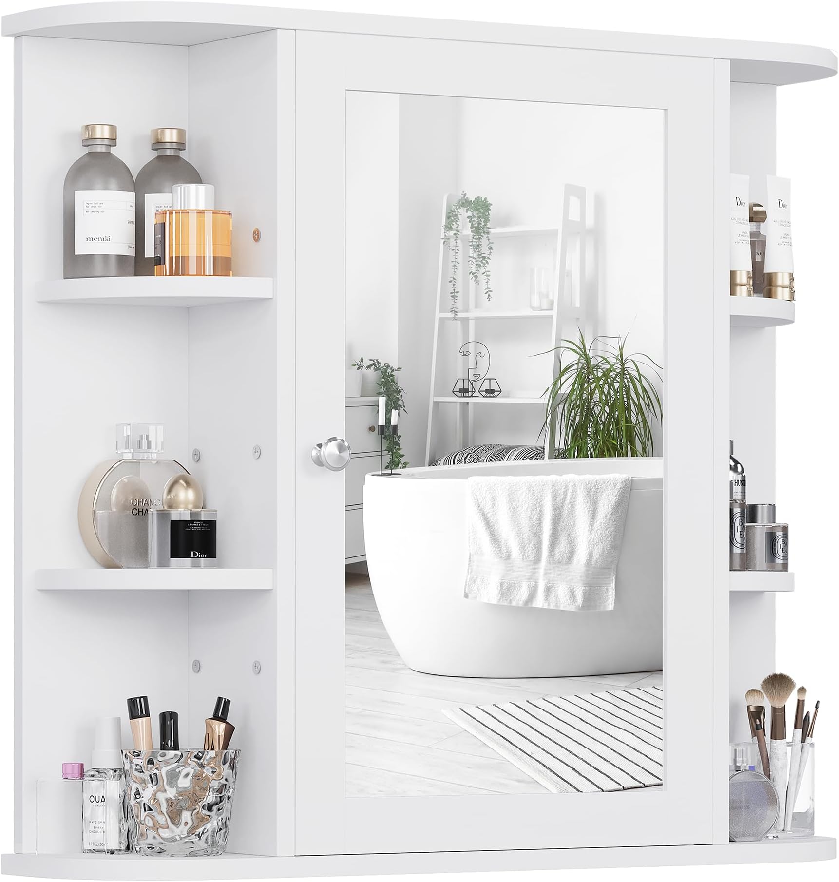 Shintenchi Bathroom Wall Cabinet with Mirror, Wall Mounted Medicine Cabinet with 4 Internal and 6 Open Shelves, Mirrored Door Over The Toilet Storage Cabinet, White