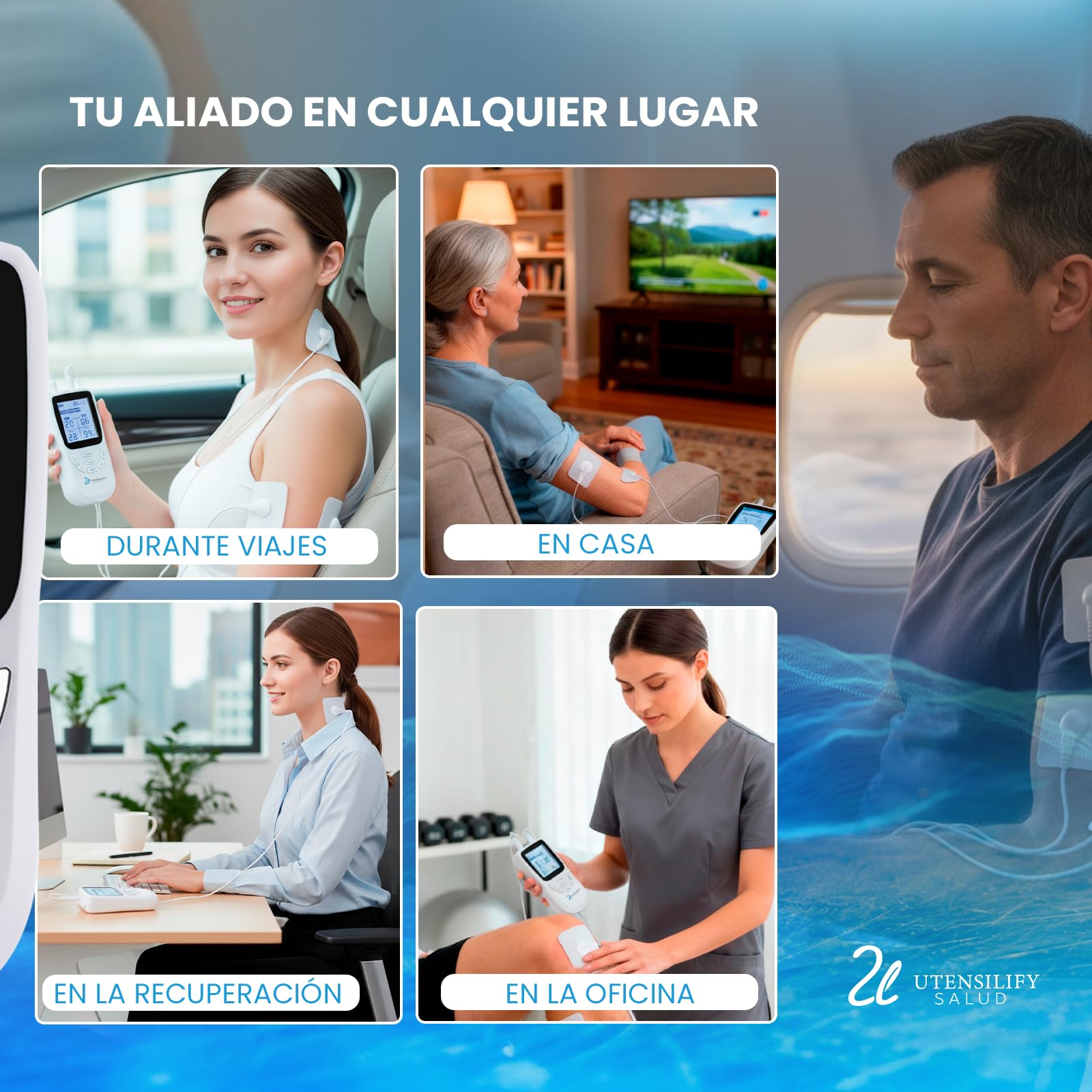 Electroestimulador Muscular UTENSILIFY® 3 en 1 TENS EMS Masaje | 36 Modos 20 Intensidades | 8 Electrodos | Alivio del Dolor y Recuperación | Recargable USB