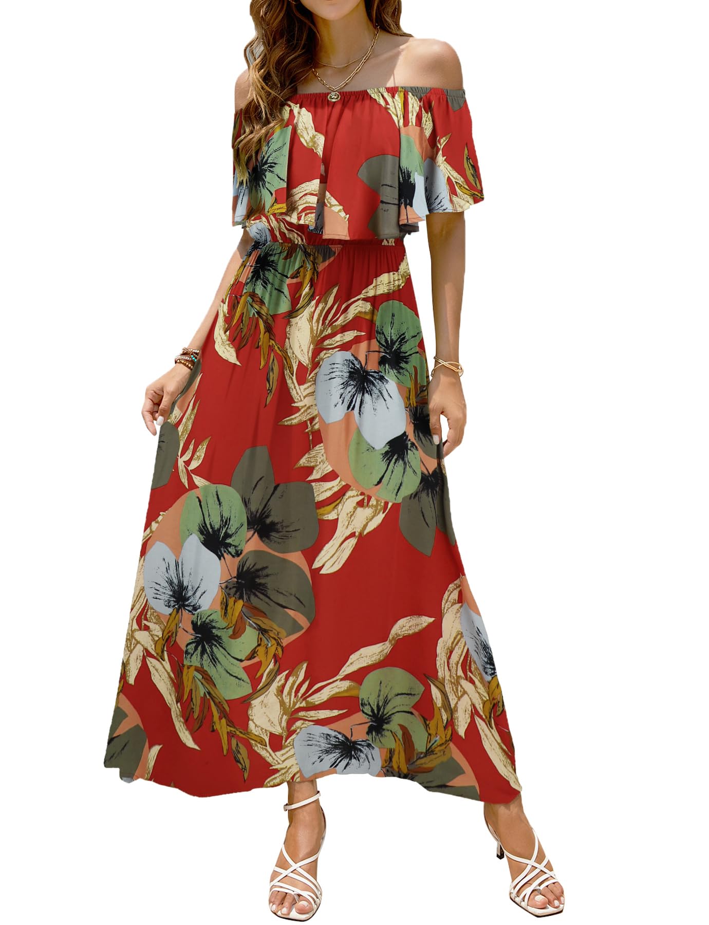 Bluetime Womens Maxi Dress Off Shoulder Floral Print Boho Beach Long Summer Dresses