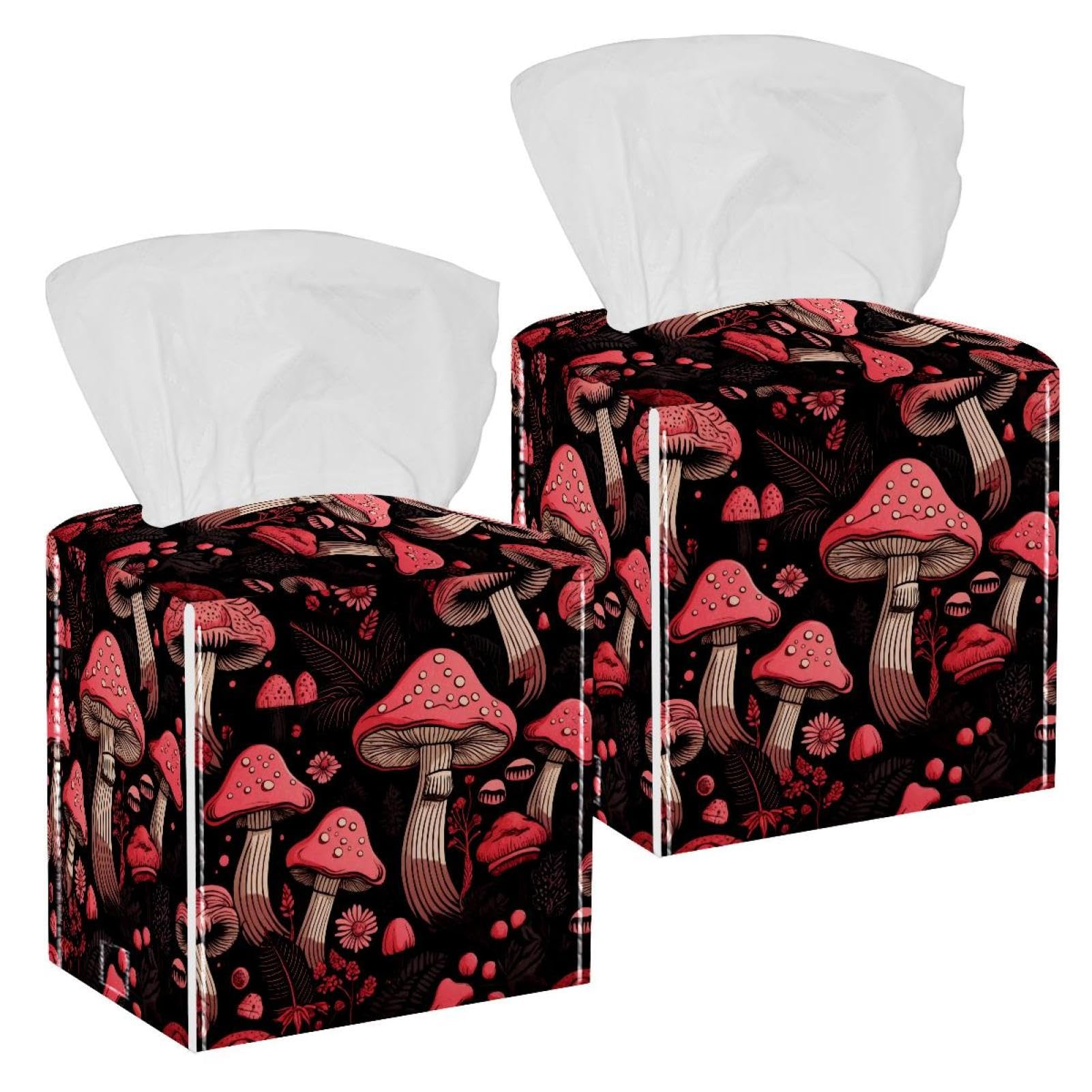 Red Mushrooms Tissue Box Cover, 2 Pack PU Leather Square Facial Tissue Dispenser Box holder for Home Office Car