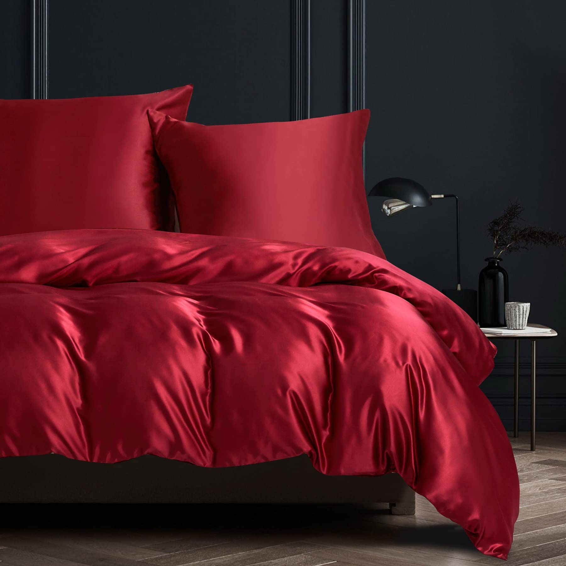 Luofanfei Parure da letto, 240 x 260 cm, colore: vino rosso, per adulti e 2 persone, tinta unita, set copripiumino in raso, set da letto moderno, tinta unita, con cerniera e 2 federe da 65 x 65 cm