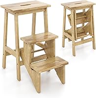 Vista 13 de Costzon Taburete plegable de 3 escalones, escalera de madera 3 en 1 con asa, pedal antideslizante, estante de almacenamiento multifuncional, estante
